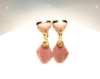 Pink white enamel earrings with rhodochrosite pendant and stainless steel stud earrings, gold-plated hanging earrings