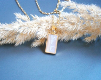 White mother of pearl necklace, gold plated chain with rectangular mother of pearl pendant, real shell jewelry, geometric