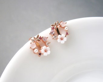 Earrings ear clips wreath circle with flower, pearl, crystal and zirconia, earrings without ear hole, rose gold plated, round