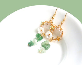 Gold plated circle earrings with flowers, zirconia and green aventurine chips