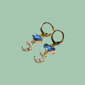 Moon star earrings with blue crystal, gold plated crescent moon earrings image 1