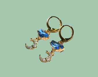 Moon star earrings with blue crystal, gold plated crescent moon earrings