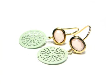 Rose quartz earrings with boho pendant, pink gemstone earrings, pink mint earrings, gold plated