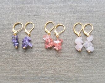 Gemstone chip earrings, natural stone earrings, rose quartz earrings, amethyst earrings, cherry quartz earrings, raw stones
