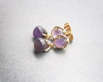 Amethyst earrings, stud earrings silver 925 gold plated, purple gemstone earrings, violet natural stone earrings