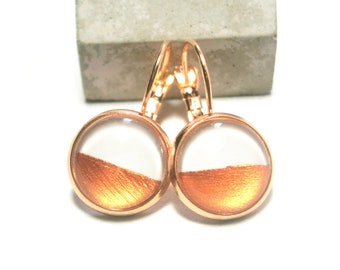 Earrings rose gold leaf gold plated, glass earrings white rose gold
