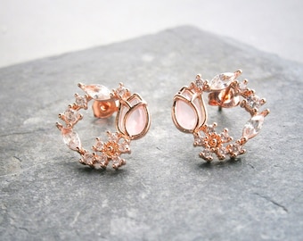 Earrings wreath circle with flower tulip and zirconia and pink cat's eye stones, ear studs, silver 925 rose gold plated