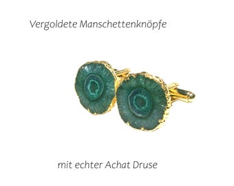 Manschettenknöpfe mit Achat, Edelstein Manschettenknöpfe, Gold vergoldet, echter Naturstein, grün