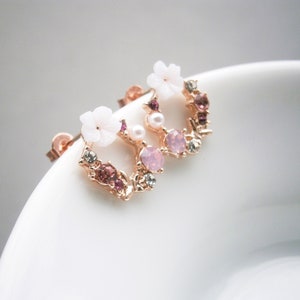 Earrings flowers wreath with pearl, crystal and zirconia Flower stud earrings silver 925 rose gold plated image 2