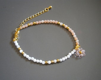 Armband mit winzigen Edelsteinperlen, Perlenarmband, Edelsteinarmband Mondstein und Sonnenstein-Perlen