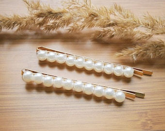Goldene Haarspangen mit weißen Perlen, vergoldete Haarklammern, Braut Haarschmuck, zwei Spangen, Haarclips Set
