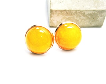 Jade stud earrings, yellow earrings, rose gold plated, yellow gemstone earrings, natural stone studs