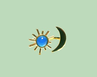 Ring Sonne Mond gold, vergoldeter Fingerring, Solitärring verstellbar mit blauem Katzenauge Stein