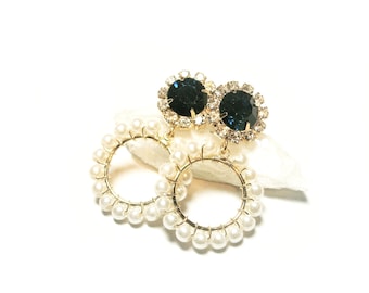 White pearl earrings with gold-plated 925 sterling silver stud earrings, blue branded crystals and sparkling zirconia
