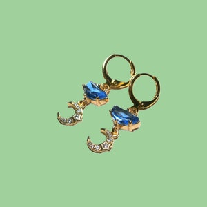 Moon star earrings with blue crystal, gold plated crescent moon earrings image 5