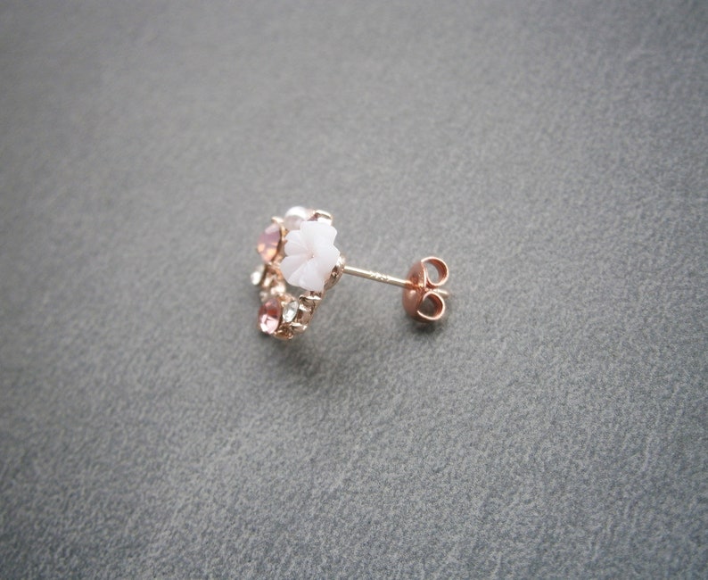 Earrings circle rose gold plated with white flower and blue zirconia, ear studs silver 925, sterling silver plug image 9