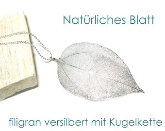 Halskette echtes Blatt, silberne Kette mit Anhänger, echte Blattkette, Halsschmuck floral, botanisch