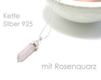 925 silver rose quartz necklace, sterling silver chain, pink gemstone chain, natural stone pendant hexagon