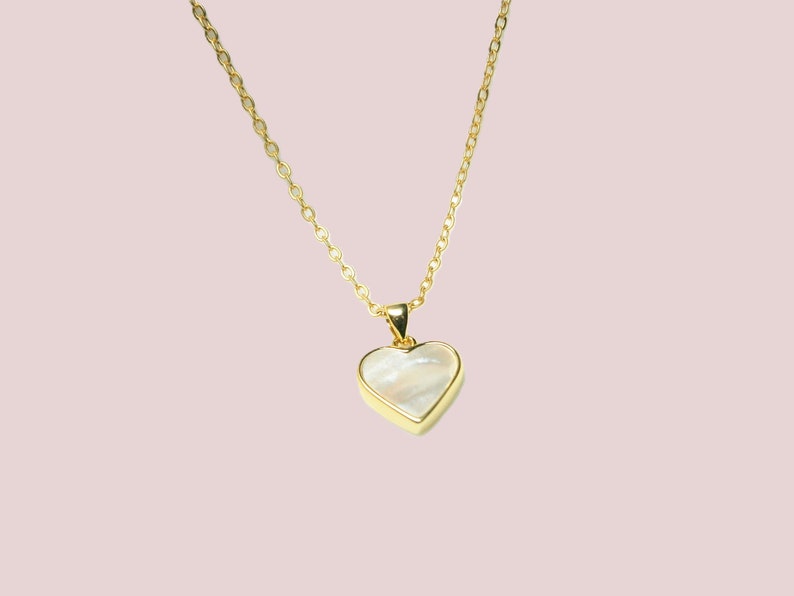 Mother of pearl heart necklace gold plated, chain with white and gold heart pendant, mother of pearl necklace image 4