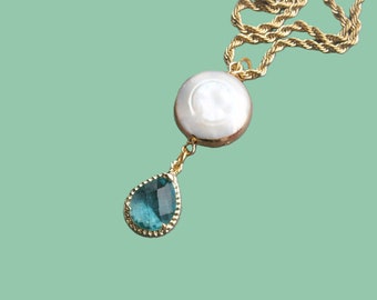 Mother of pearl necklace, gold plated chain with white mother of pearl pendant and aquamarine blue crystal pendant or green jade