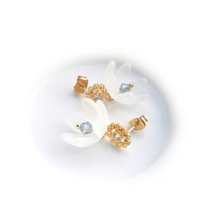 White bellflower earrings gold plated with zirconia, flower earrings, romantic earrings image 10