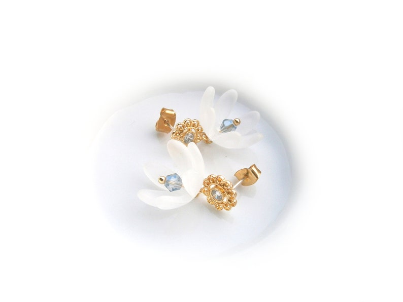 White bellflower earrings gold plated with zirconia, flower earrings, romantic earrings image 10