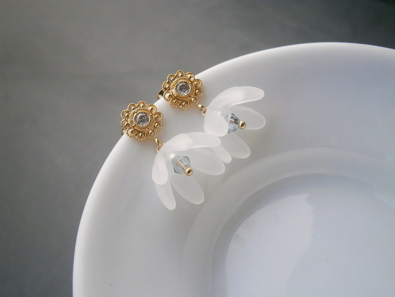 White bellflower earrings gold plated with zirconia, flower earrings, romantic earrings image 7