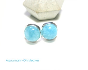 Aquamarine ear studs, natural stone earrings light blue, gemstone earrings blue silver plated