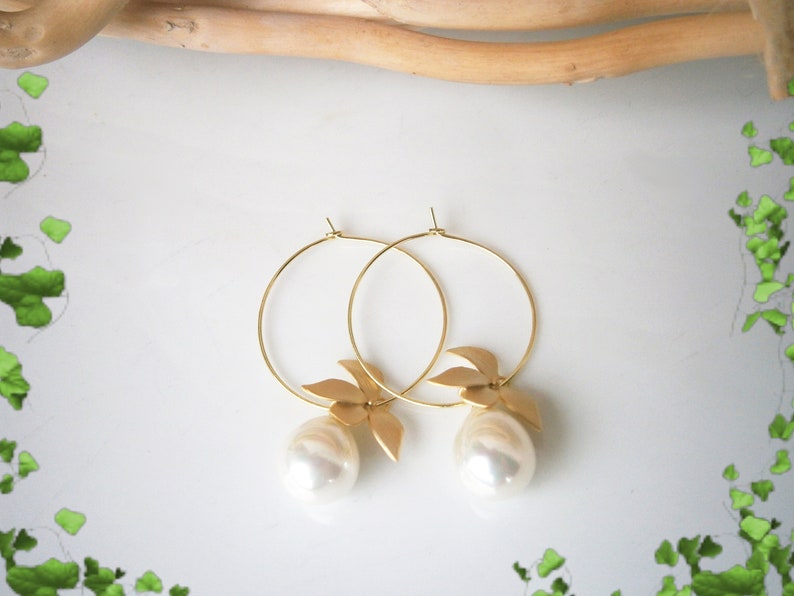 Golden earrings with white shell pearls and brushed flowers, gold-plated pearl earrings image 6