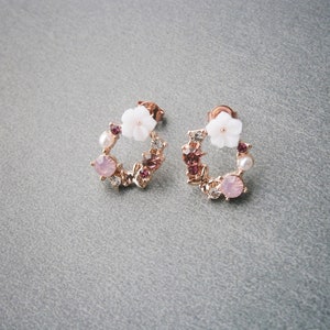 Earrings flowers wreath with pearl, crystal and zirconia Flower stud earrings silver 925 rose gold plated image 5