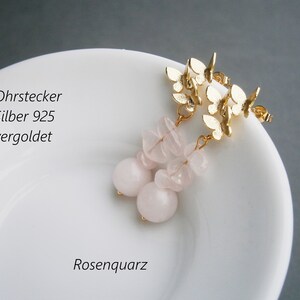 Ohrringe Silber 925 vergoldet mit Schmetterlingen und Rosenquarz Anhängern, Edelstein Tropfen Ohrhänger, rosa Natursteinohrringe 画像 4