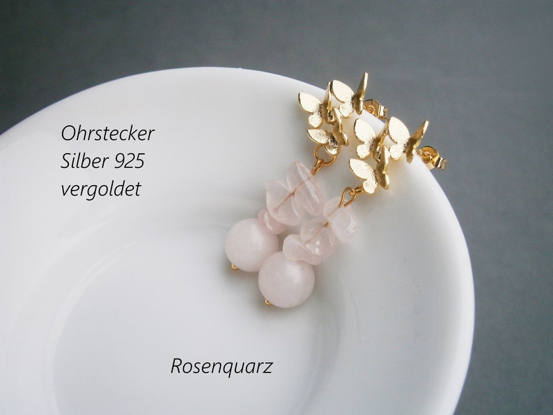 Earrings silver 925 gold plated with butterflies and rose quartz pendants, gemstone drop earrings, pink natural stone earrings image 4