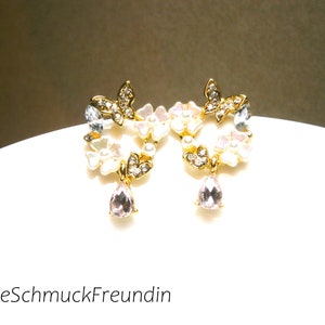 Earrings with white-pink shimmering flowers and crystal drop pendants, gold-plated silver 925 earrings image 4