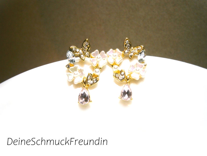 Earrings with white-pink shimmering flowers and crystal drop pendants, gold-plated silver 925 earrings image 4