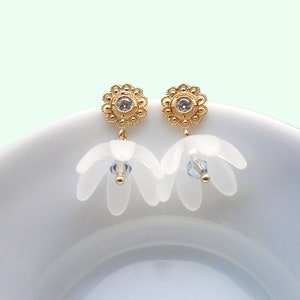 White bellflower earrings gold plated with zirconia, flower earrings, romantic earrings image 4