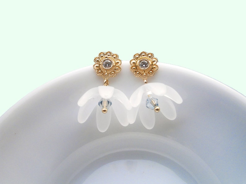 White bellflower earrings gold plated with zirconia, flower earrings, romantic earrings image 4