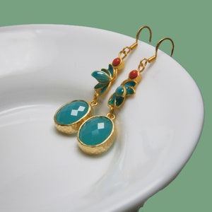 Green jade earrings with enamel leaves and red coral stones, matt gold-plated silver 925 earrings, sterling silver image 3