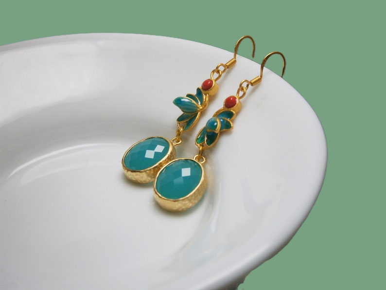 Green jade earrings with enamel leaves and red coral stones, matt gold-plated silver 925 earrings, sterling silver image 3