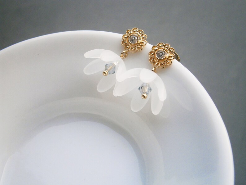 White bellflower earrings gold plated with zirconia, flower earrings, romantic earrings image 6