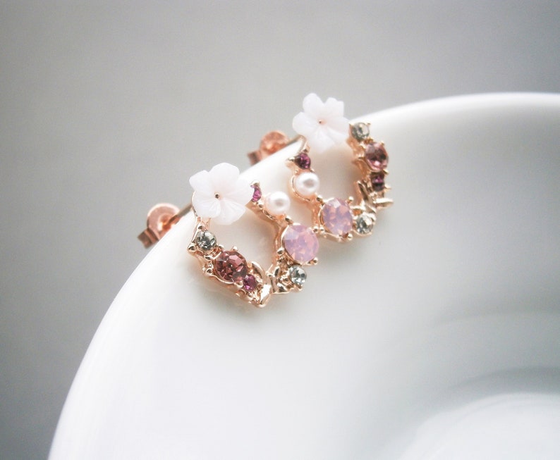 Earrings flowers wreath with pearl, crystal and zirconia Flower stud earrings silver 925 rose gold plated image 2