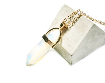 Necklace with gemstone hexagon pendant: Gold-plated chain, opalite, white jade or rock crystal, natural stone jewelry