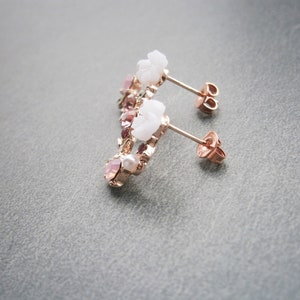 Earrings circle rose gold plated with white flower and blue zirconia, ear studs silver 925, sterling silver plug image 7