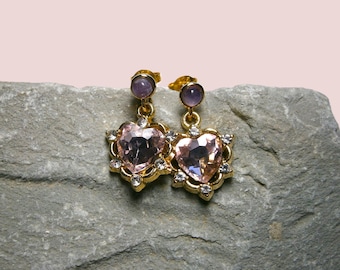 Amethyst earrings with heart pendant: Gold-plated 925 sterling silver stud earrings with purple gemstone and synthetic cubic zirconia.