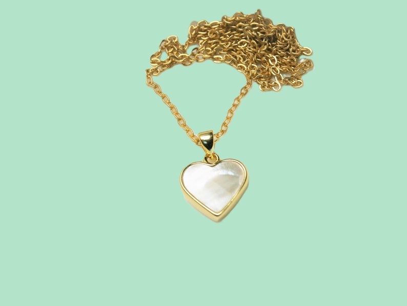 Mother of pearl heart necklace gold plated, chain with white and gold heart pendant, mother of pearl necklace image 8