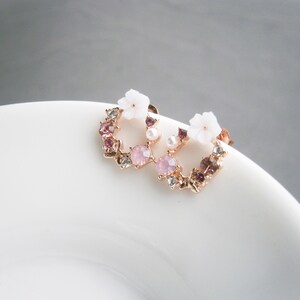Earrings circle rose gold plated with white flower and blue zirconia, ear studs silver 925, sterling silver plug image 6