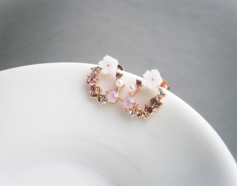 Earrings flowers wreath with pearl, crystal and zirconia Flower stud earrings silver 925 rose gold plated image 3