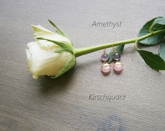 Gemstone earrings amethyst and cherry quartz, gold plated earrings, gemstone earrings
