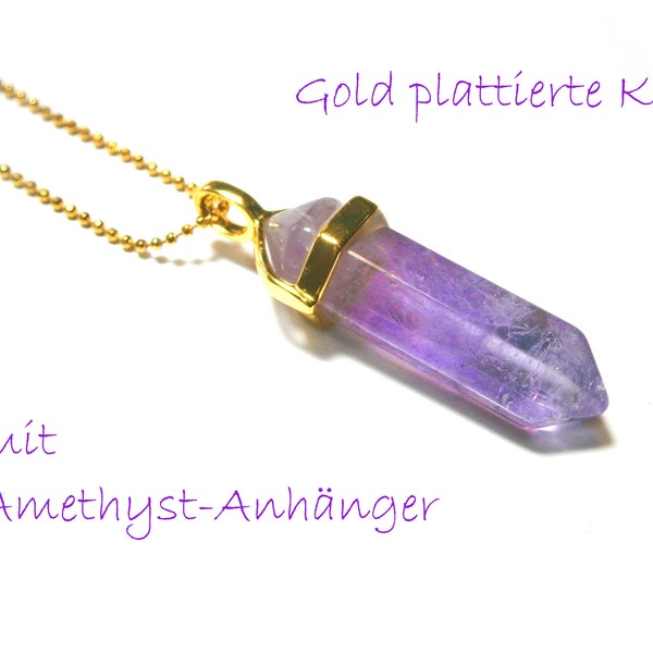 Amethyst Halskette gold vergoldet, Kristall Kette, Naturstein Anhänger Sechseck, Edelsteinkette, Geburtsstein Februar