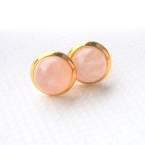 Rose quartz earrings, gold plated gemstone stud earrings, pink natural stone earrings, round rose quartz stud earrings