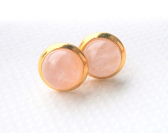 Rose quartz earrings, gold plated gemstone stud earrings, pink natural stone earrings, round rose quartz stud earrings